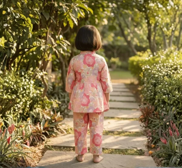 Peach floral girls cotton co-ord set back view, breathable and comfortable outfit