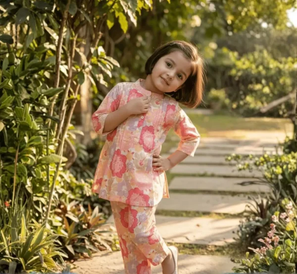 Peach floral girls cotton co-ord set front portrait, stylish and soft cotton outfit