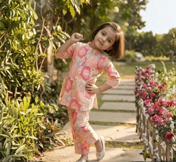 Peach floral girls cotton co-ord set full length pose, comfortable and trendy kids outfit