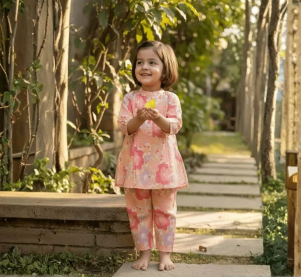 Soft Cotton Peach Girls Co-ord Set for Daily Wear hover view