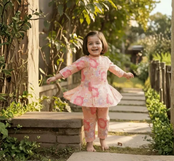 Peach floral girls cotton co-ord set playful pose, fun and flexible kids wear