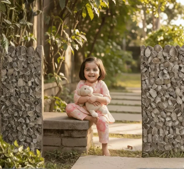 Peach floral girls cotton co-ord set seated centered pose, cozy and elegant kids outfit