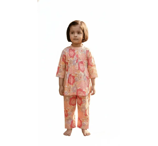 Peach floral girls cotton co-ord set studio cutout, clean and stylish coordinated outfit