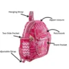 Pink patchwork design kids backpack detail focus, fabric texture and stitching close-up