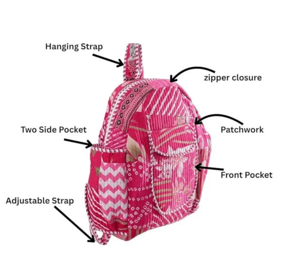 Pink patchwork design kids backpack detail focus, fabric texture and stitching close-up