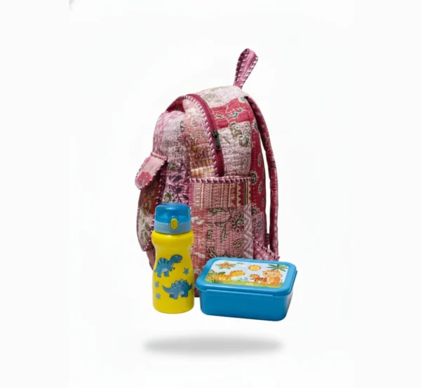 Pink patchwork design kids backpack zipper detail, smooth and durable closure