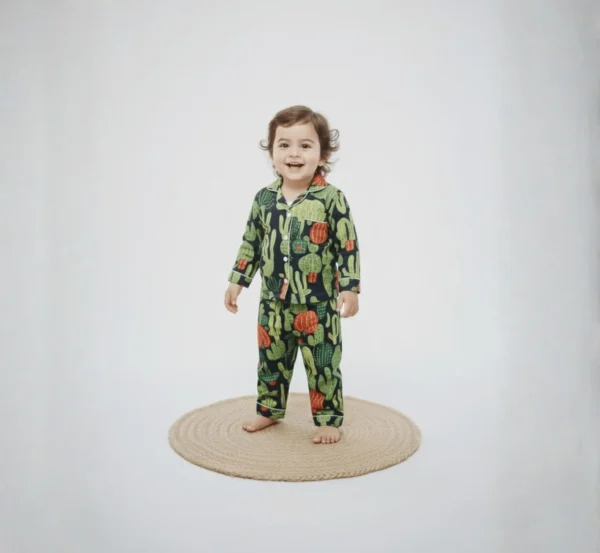 Black cactus print kids night suit standing, stylish and comfy sleepwear for children