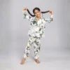 Kids white jungle print cotton night suit candid shot, cozy and stylish nightwear