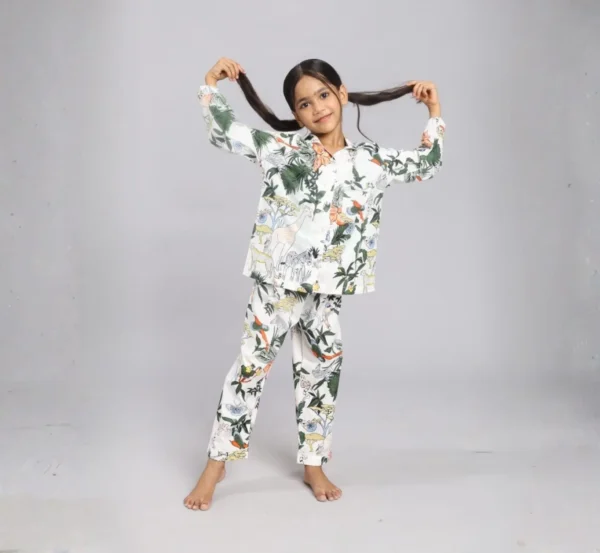 Kids white jungle print cotton night suit candid shot, cozy and stylish nightwear