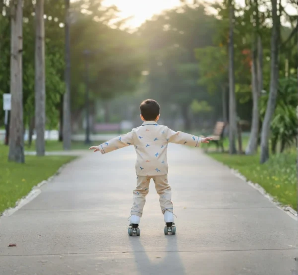 Light brown kids poplin winter night suit back view, warm and breathable sleepwear