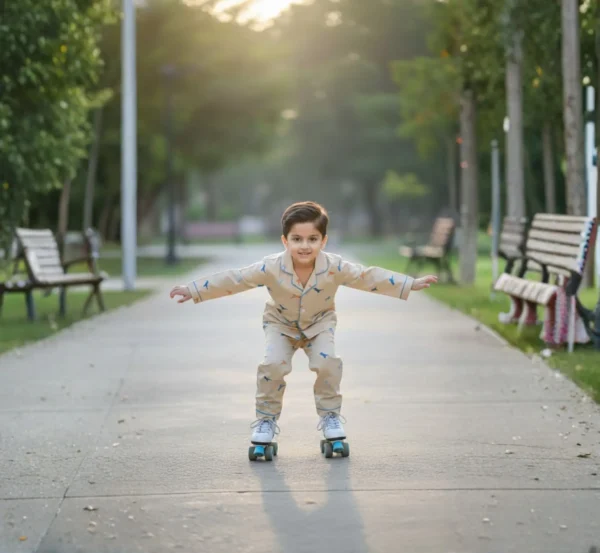 Light brown kids poplin winter night suit front view, cozy and stylish kids sleepwear