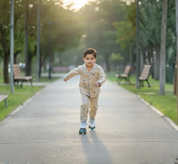 Light brown kids poplin winter night suit full length view, soft and warm sleepwear