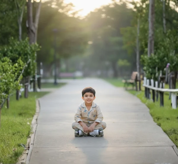 Light brown kids poplin winter night suit sitting pose, comfortable and flexible sleepwear