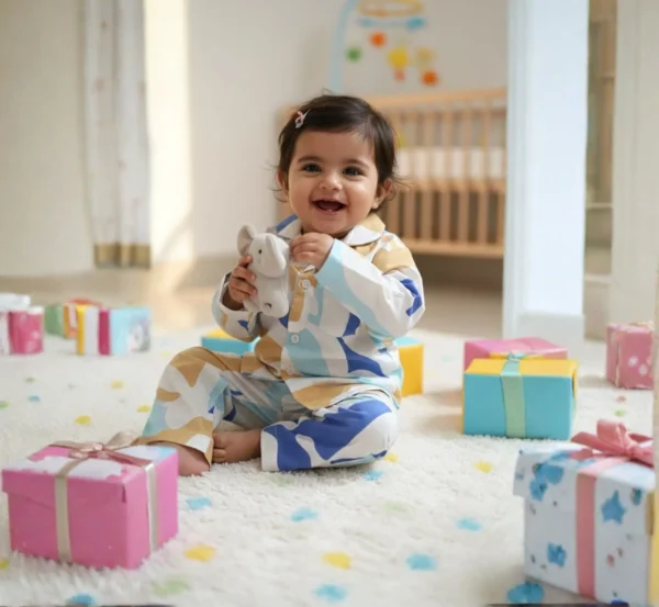 Kids poplin cotton winter night suit smiling look, cozy and comfortable sleepwear