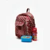 Red floral patchwork kids backpack closed view, compact and durable everyday bag