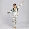 Kids white jungle print cotton night suit playful pose, fun and comfortable kids sleepwear