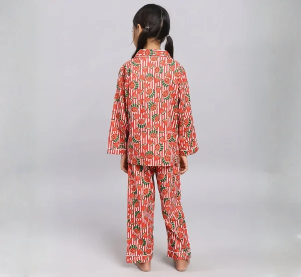 Kids watermelon print cotton night suit back view, breathable and comfortable sleepwear