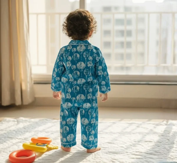 Kids sky blue cotton night suit back view, comfortable and breathable sleepwear
