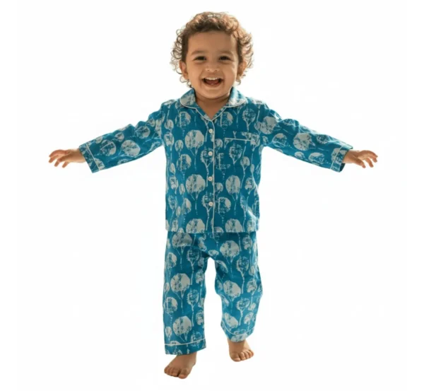 Kids sky blue cotton night suit catalog image, stylish and breathable sleepwear