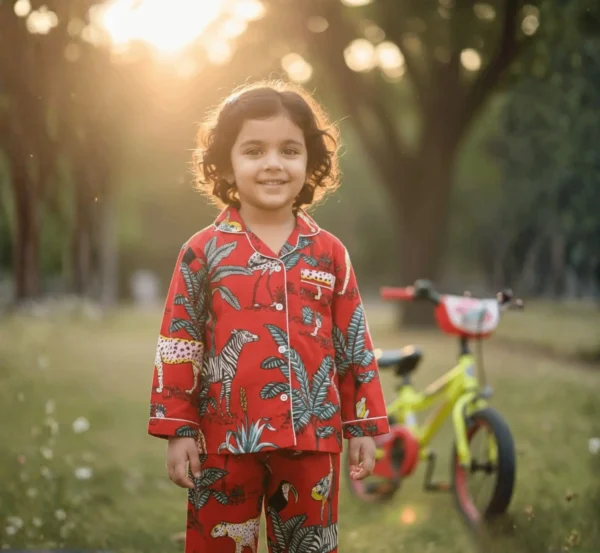 Red jungle print kids night suit full length view, soft cotton sleepwear