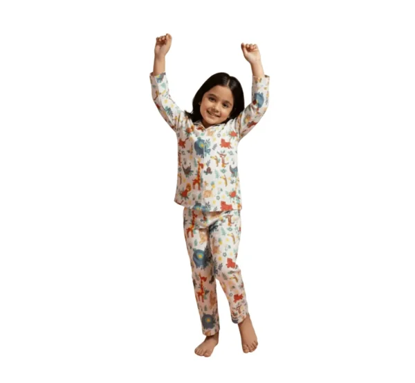 Full sleeve multi animal print kids night suit catalog view, soft and comfortable sleepwear