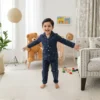 Navy blue kids winter night suit full length view, warm and comfortable sleepwear