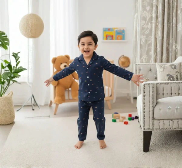 Navy blue kids winter night suit full length view, warm and comfortable sleepwear