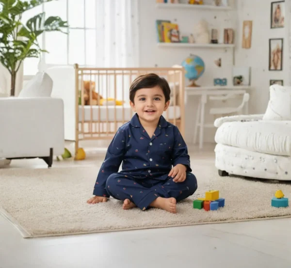 Navy blue kids winter night suit lifestyle image, relaxed and cozy winter sleepwear