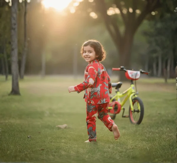 Red jungle print kids night suit smiling child, cozy and stylish sleepwear