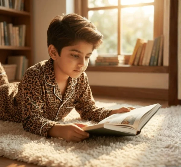 Leopard print cotton kids night suit lying down view, cozy and comfortable sleepwear