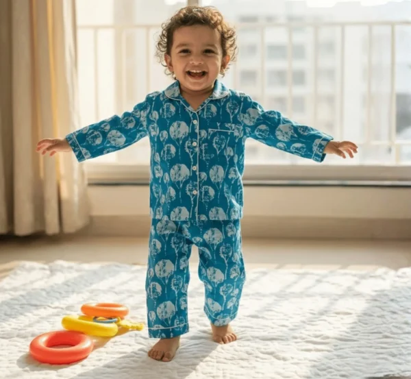 Kids sky blue cotton night suit trendy design, stylish and breathable nightwear