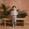 Multi elephant print kids night suit full length view, soft cotton comfortable sleepwear