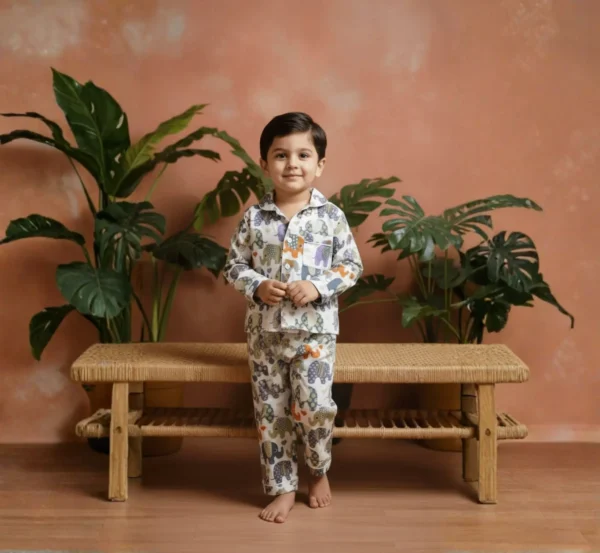 Multi elephant print kids night suit full length view, soft cotton comfortable sleepwear