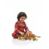 Red jungle print kids night suit playful pose, fun and comfortable sleepwear