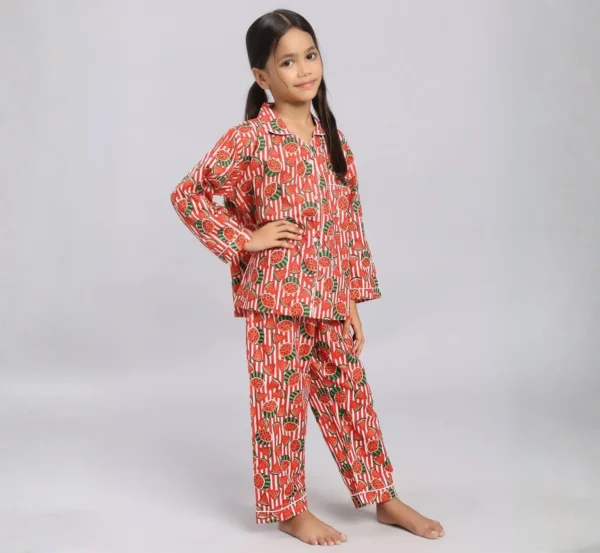 Kids watermelon print cotton night suit front smiling view, fun and playful sleepwear