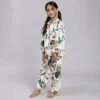 Kids white jungle print cotton night suit full length view, cozy and breathable sleepwear