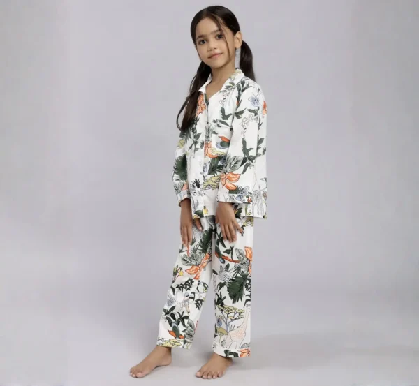 Kids white jungle print cotton night suit full length view, cozy and breathable sleepwear