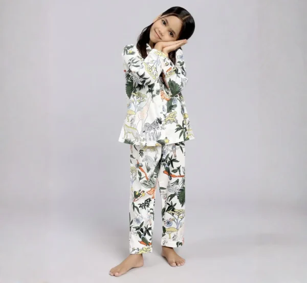 White Jungle Print Cotton Night Suit for Kids