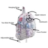 White patchwork cotton kids backpack detail close-up, fabric texture and stitching quality