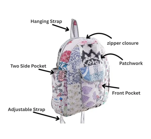 White patchwork cotton kids backpack detail close-up, fabric texture and stitching quality