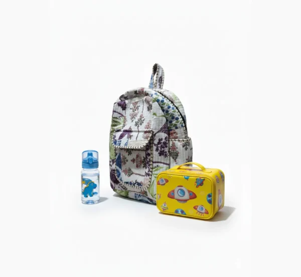 White patchwork cotton kids backpack spacious look, roomy and practical everyday bag