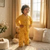 Yellow truck kids winter night suit front view, cotton warm sleepwear for boys and girls