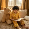 Kids yellow truck print winter night suit lifestyle image, warm and breathable kids nightwear