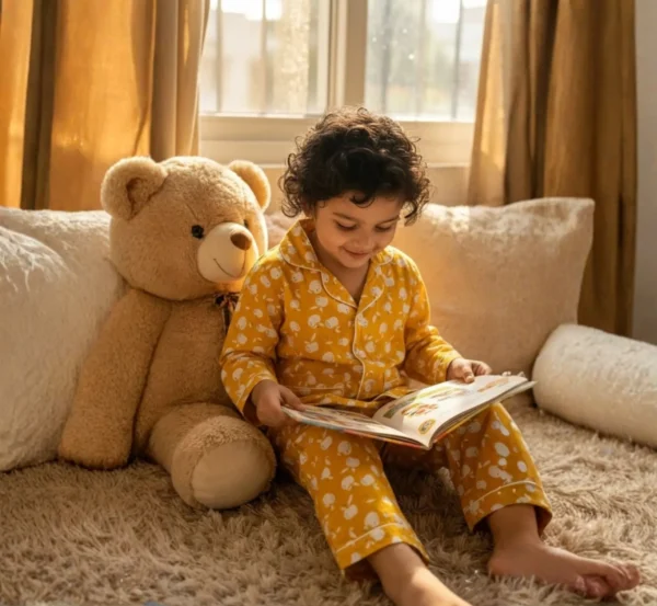 Kids yellow truck print winter night suit lifestyle image, warm and breathable kids nightwear