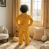Kids yellow truck print winter night suit back view, soft and warm kids sleepwear