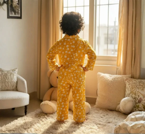 Kids yellow truck print winter night suit back view, soft and warm kids sleepwear