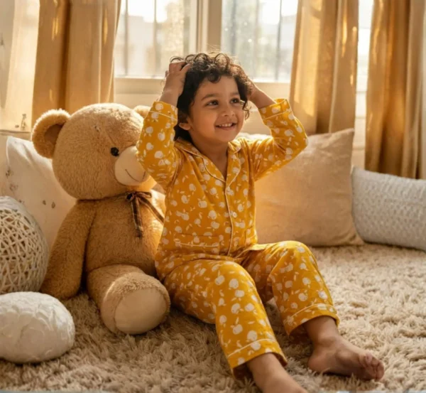 Kids yellow truck print winter night suit candid shot, cozy and playful sleepwear