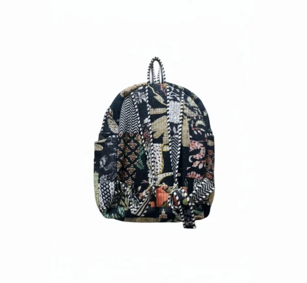 Black patchwork cotton backpack back view, lightweight and durable school bag