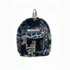 Black patchwork school backpack front view, durable cotton bag for kids