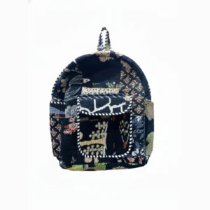Black patchwork school backpack front view, durable cotton bag for kids